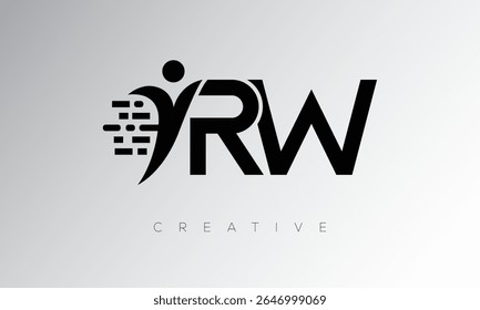 Logotipo de Monograma Digital Criativo RW - Design de marca de letra futurista com forma humana, movimento de pixel e estilo técnico mínimo para identidade de marca inovadora