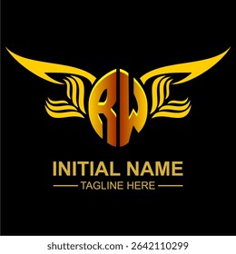 RW Golden Wing Emblem Logo with elegant gold wings, sleek and modern design. Ideal for branding, creative projects, luxury businesses, or artistic ventures.