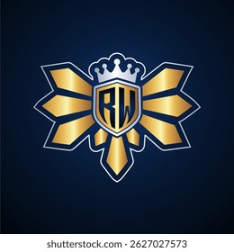 RW initial letters monogram logo for gaming with shield and eagle wing