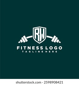 RW initial monogram for fitnes or gym logo with creative shield and barbell design
