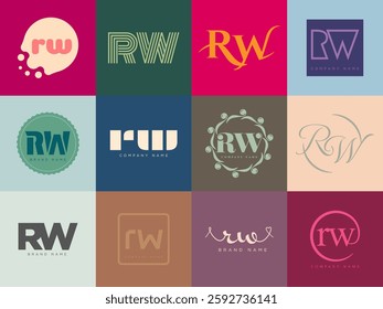 RW logo company template. Letter r and w logotype. Set different classic serif lettering and modern bold text with design elements. Initial font typography. Collection trendy business identity.