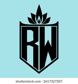 RW Logo featuring a minimalist design with a crown-like flower symbol on top, bold black elements, and a soft blue background, perfect for branding and modern visual identity.