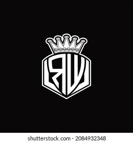 Monograma del logotipo RW con forma de emblema de lujo y plantilla de diseño de corona sobre fondo negro
