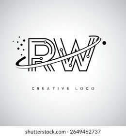 RW Orbit Monogram Logo – Futuristic Minimal Letter mark with Circular Line Art, Tech-Inspired Dots and Space Motion Concept for Modern Branding Identity