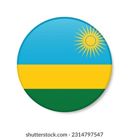 Icono del botón del círculo de Ruanda. Bandera redonda ruandesa con sombra. Ilustración vectorial 3D realista aislada en blanco.