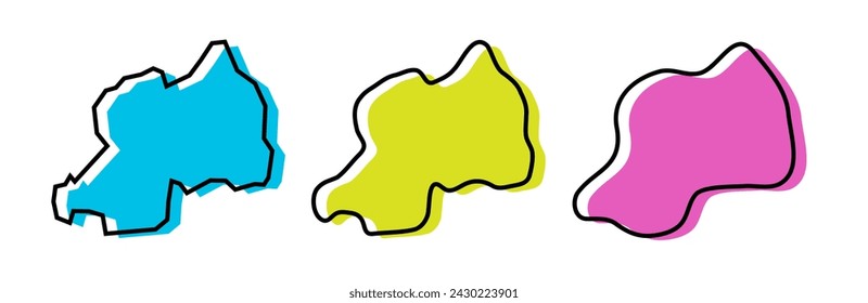 Ruanda contorno negro del país y siluetas de país de colores en tres niveles diferentes de suavidad. Mapas simplificados. Iconos vectoriales aislados sobre fondo blanco.