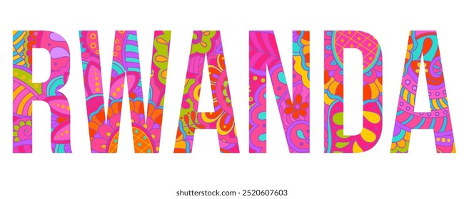 Rwanda country creative text design filled with hand drawn colorful doodle pattern	