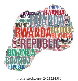 Das Land Ruanda formt die Wortwolke. Typografie Stil Land Illustration. Ruanda-Bild im Text-Cloud-Stil. Vektorgrafik.