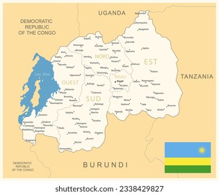 Rwanda - detailed map with administrative divisions and country flag. Vector illustration