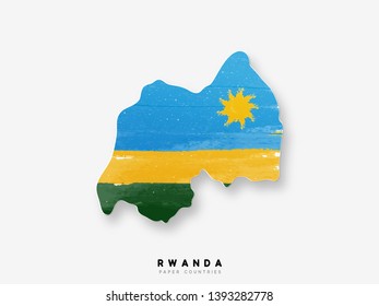 Rwanda detailed map with flag of country. Painted in watercolor paint colors in the national flag.