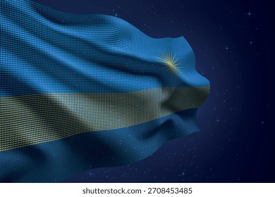 Bandera de estilo led punteada de Ruanda ondeando contra el cielo nocturno con efecto futurista