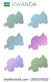 Juego de mapas de puntos de Ruanda. Mapa de Ruanda con un estilo punteado. Las fronteras del país están llenas de hermosos círculos de gradientes lisos. Increíble ilustración vectorial.