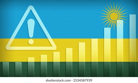 Rwanda flag with burlap texture, warning sign, and rising bar chart symbolizing increasing risk or growth challenges in the country. Ideal for data presentations.