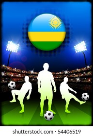 Rwanda Flag Button with Soccer Match in Stadium Original Illustration