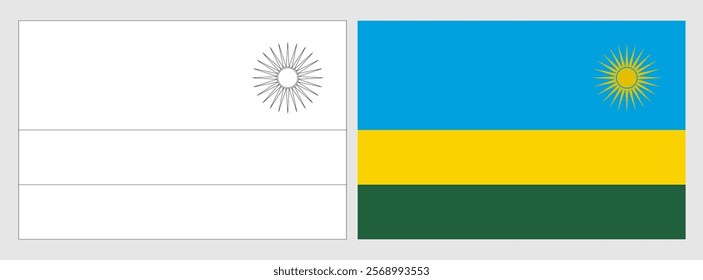Rwanda flag - coloring page. Set of white wireframe thin black outline flag and original colored flag.