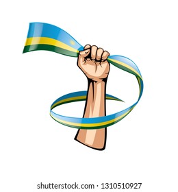 Rwanda flag and hand on white background. Vector illustration