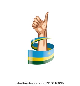 Rwanda flag and hand on white background. Vector illustration