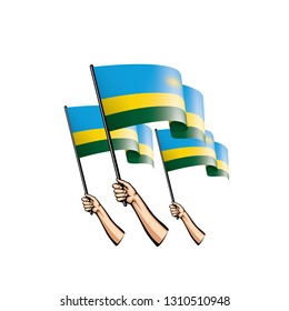 Rwanda flag and hand on white background. Vector illustration