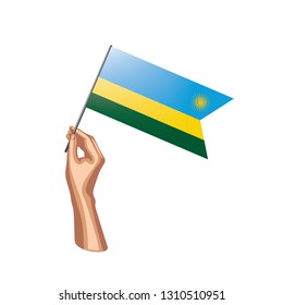 Rwanda flag and hand on white background. Vector illustration