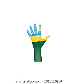 Rwanda flag and hand on white background. Vector illustration