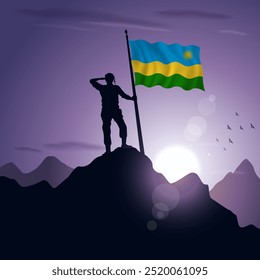 Rwanda Flag hoisted on a mountain peak with a purplish sunset in the background, vector illustration