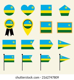 Rwanda flag icon set in 16 shape versions. Collection of Rwanda flag icons with square, circle, heart, triangle, medal, stamp and location shapes.