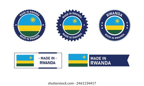 Bandera de Ruanda, Made in Ruanda. Etiqueta, Sello, Estampilla, Bandera, Icono Vector