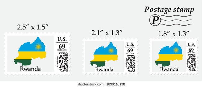 Rwanda flag map on postage stamp different size.