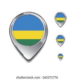 Rwanda flag map pointer. 3d Map Pointer with flag glossy button style on gray background