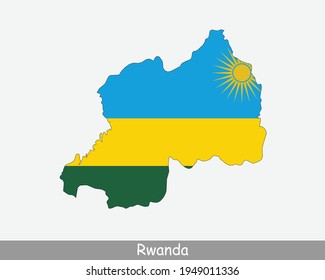 Mapa de la bandera de Ruanda. Mapa de la República de Rwanda con la bandera nacional de Rwanda aislada en un fondo blanco. Ilustración vectorial.