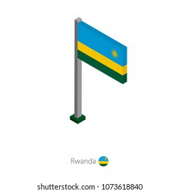 Rwanda Flag on Flagpole in Isometric dimension. Isometric blue background. Vector illustration.