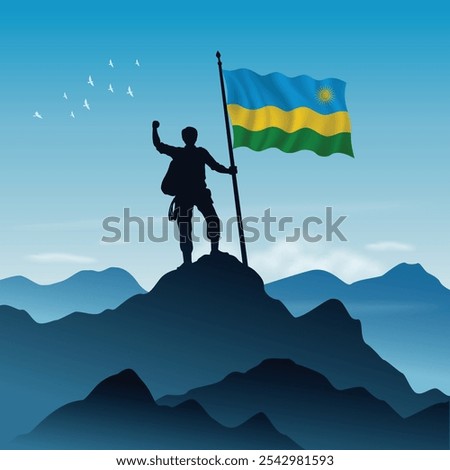 Rwanda Flag raised on a mountain peak with clear sky in the background, vector illustration