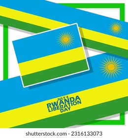 Rwanda flag with ribbons and bold text in frame on white background to commemorate Rwanda Liberation Day on July 4