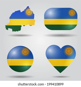 Rwanda flag set in map, oval, circular and heart shape.