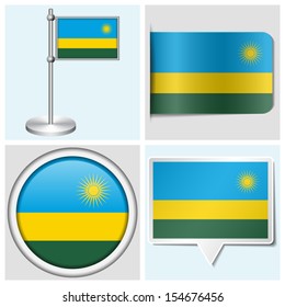 Rwanda flag - set of various sticker, button, label and flagstaff