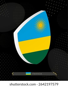 Rwanda Flag Shield icon in 3D on Dark Modern Abstract Rugby Background. Perfect for sports events, heritage themes, national celebrations, and patriotic designs.