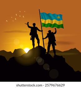 Rwanda flag, silhouette of two climbers holding flags at sunset