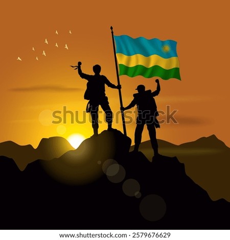 Rwanda flag, silhouette of two climbers holding flags at sunset