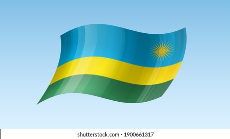 Símbolo del estado de la bandera de Ruanda aislado en una bandera nacional de fondo. Tarjeta de saludo Día Nacional de la Independencia de la República de Ruanda. Cartel de ilustración con bandera de estado realista.