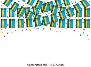 Ruanda Flaggen garland-weißer Hintergrund mit Konfetti, Hanging Banner für Unabhängigkeitstag-Feierlichkeiten, Vektorgrafik