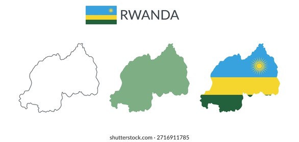Fronteiras geográficas de Ruanda isoladas sobre fundo branco. Bandeira de Ruanda. Cliparts planas vetoriais.