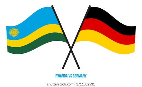 Banderas de Ruanda y Alemania Cruzadas y ondeando estilo plano. Proporción oficial. Colores correctos.