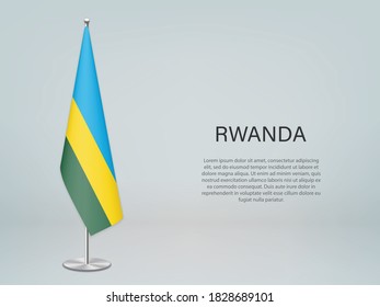 Rwanda hanging flag on stand. Template for politic conference banner