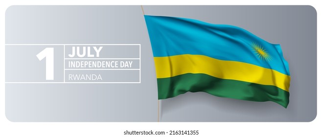 Rwanda happy independence day greeting card, banner vector illustration. Rwandan national holiday 1st of July design element with 3D waving flag on flagpole