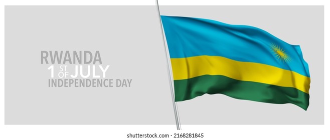 Rwanda happy independence day greeting card, banner with template text vector illustration. Rwandan memorial holiday 1st of July design element with 3D flag with stripes