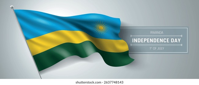 Rwanda happy independence day greeting card, banner vector illustration. Rwandese national holiday 1st of July design element with realistic flag