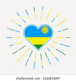 Rwanda heart with flag of the country. Sunburst around Rwanda heart sign. Vector illustration.