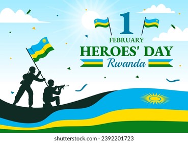 Rwanda Heroes Day Vector Illustration on February 1 with Rwandan Flag and Soldier Memorial who Struggled in National Holiday Cartoon Background