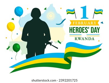 Vektorgrafik zum Ruanda-Helden-Tag am 1. Februar mit ruandischer Flagge und Soldier-Gedenkstätte, die auf dem nationalen Feiertagskartoon-Hintergrund kämpft