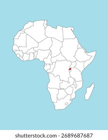 Ruanda destacada en el mapa de África aislado sobre fondo azul